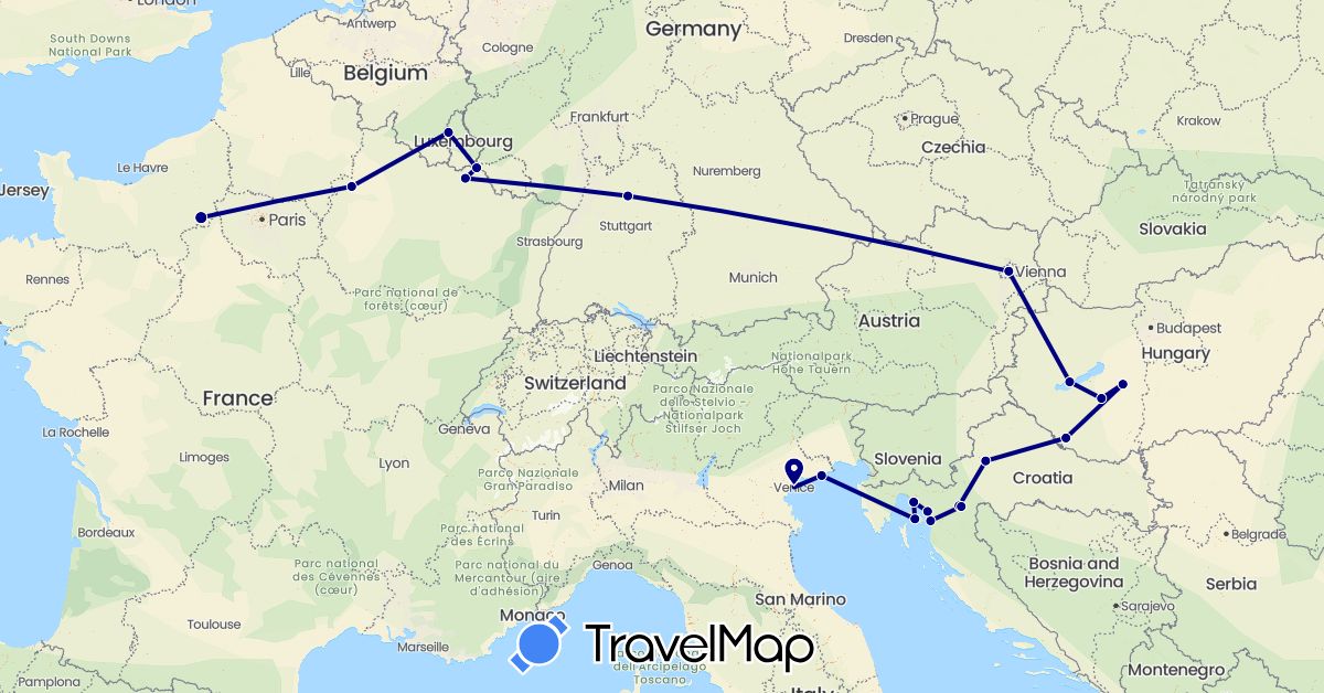 TravelMap itinerary: driving in Austria, Germany, France, Croatia, Hungary, Italy, Luxembourg (Europe)